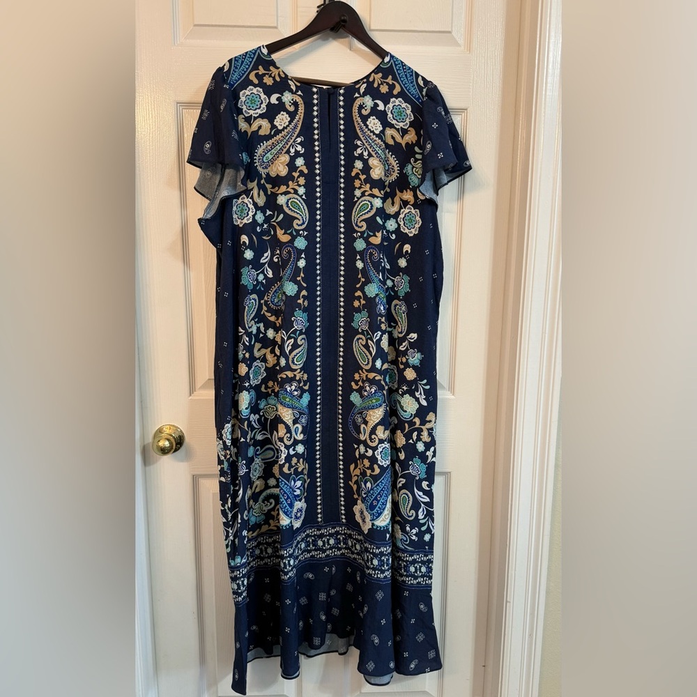 Lane Bryant Crew-Neck Flutter-Sleeve Midi Dress Size 20 Floral Blue Pockets